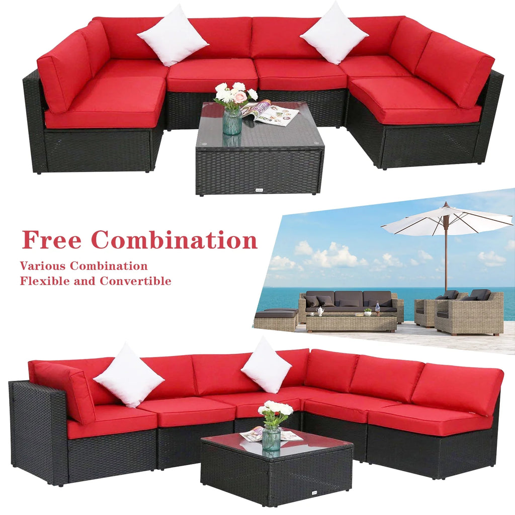 7 Pc Pe Rattan Wicker Sectional Sofa Set with Red Cushions U43296