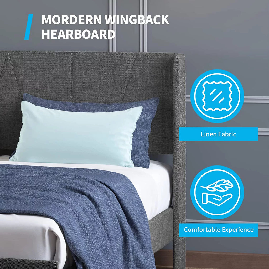 Full Upholstered Wingback Platform Bed Frame with Headboard Dark Grey C8920