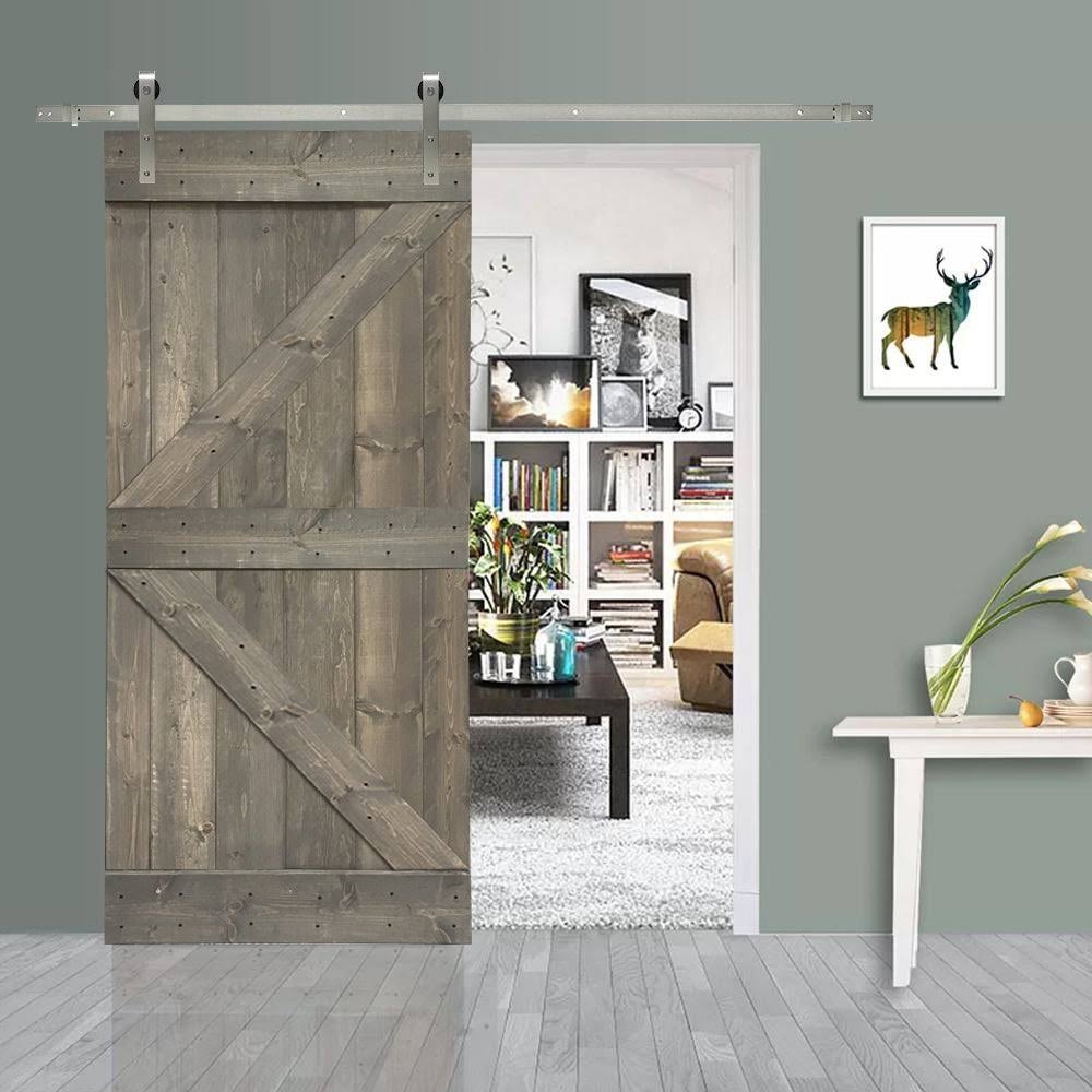 36 in. x 84 in. Gray Stained Knotty Pine Wood Interior Sliding Barn Door with Hardware Kit T220955