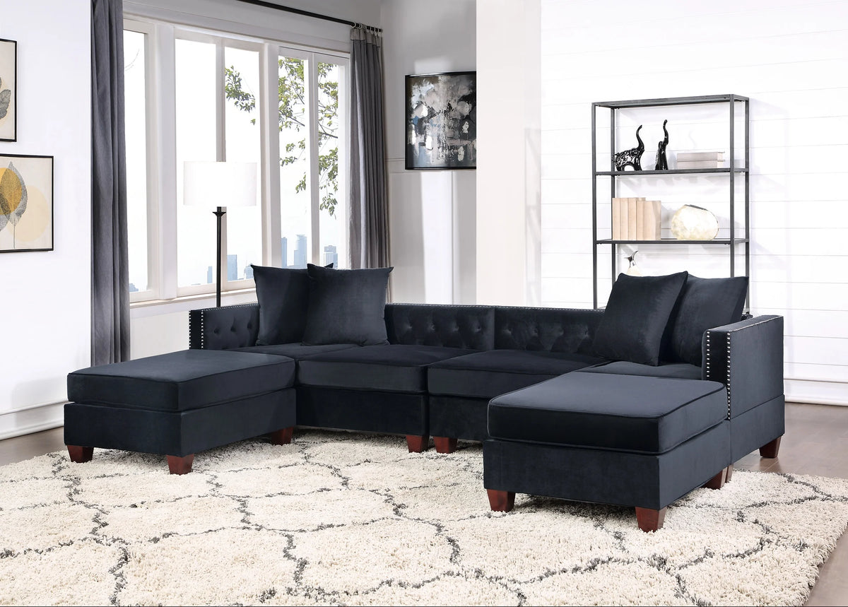 Black Velvet 4pc U-Sectional with Reversible Chaise and Ottoman J44275