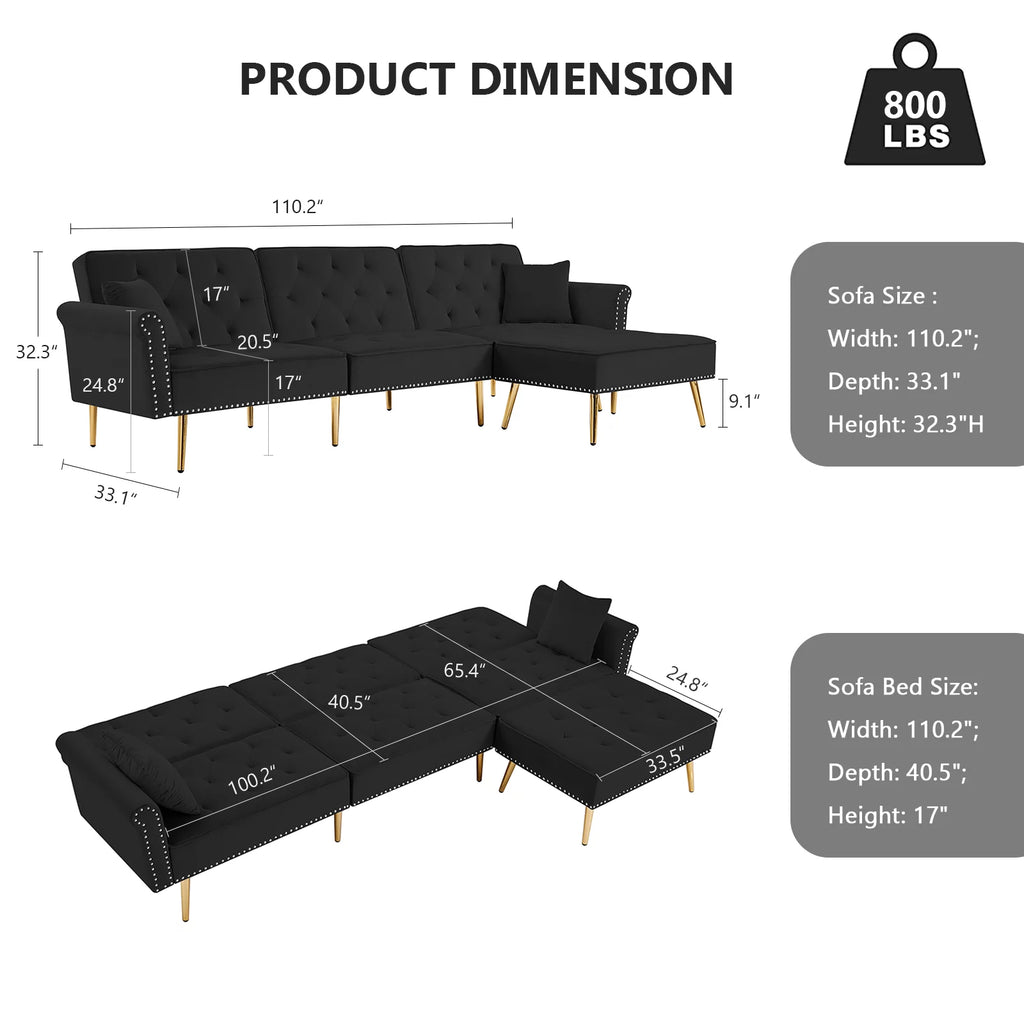 Velvet L Shaped Reversible Sectional Couch with Ottoman B375491