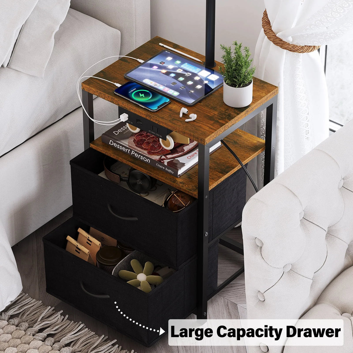 Black Floor Lamp with Table and 2 Drawers Y1456