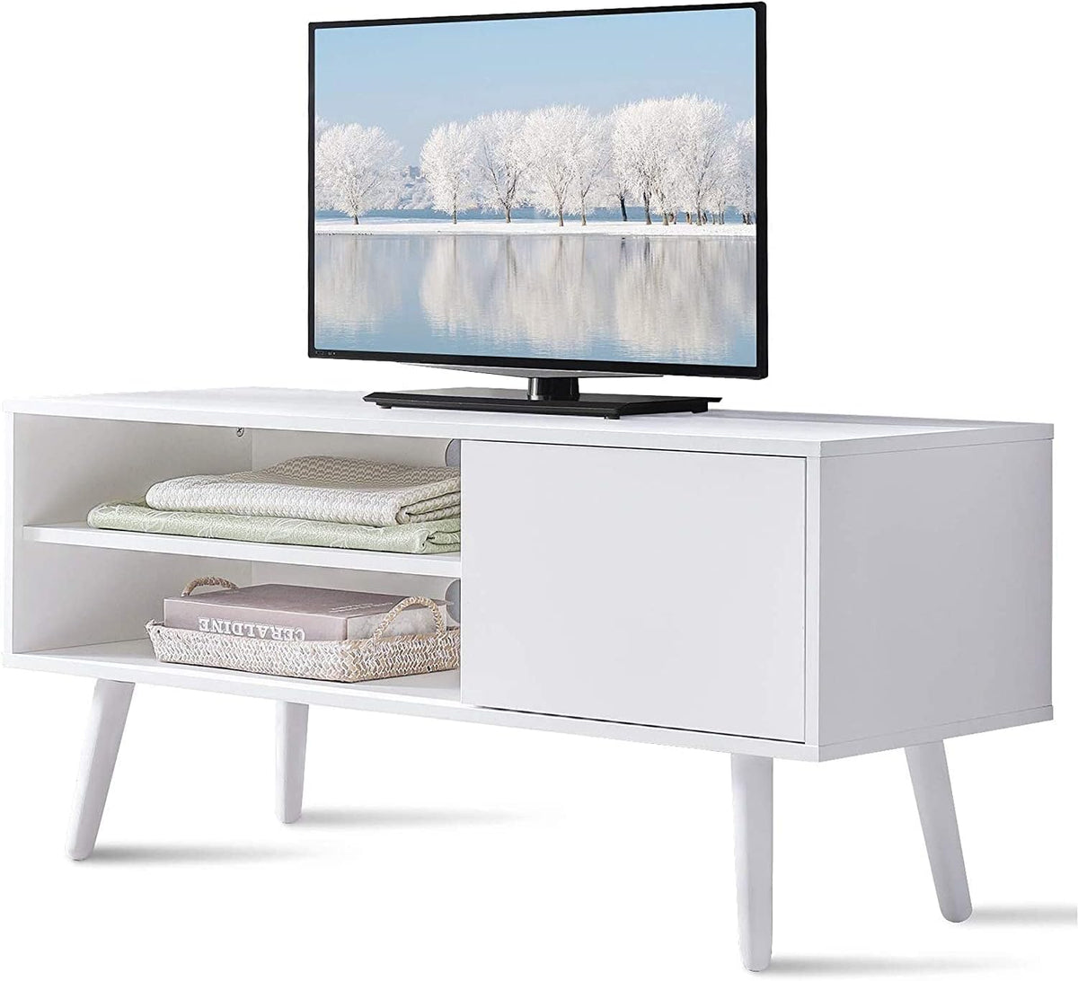 White Wood TV Stand with Shelves X408092