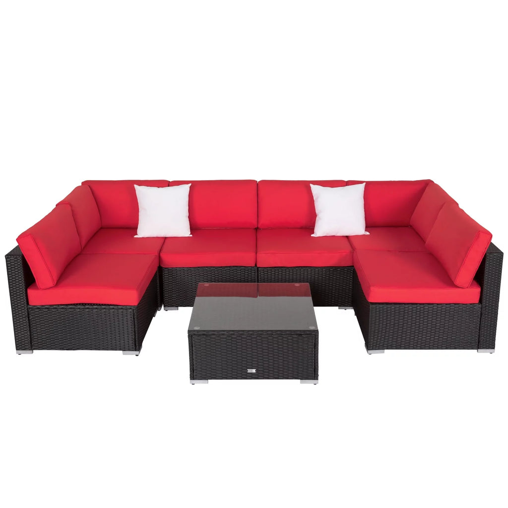 7 Pc Pe Rattan Wicker Sectional Sofa Set with Red Cushions U43296