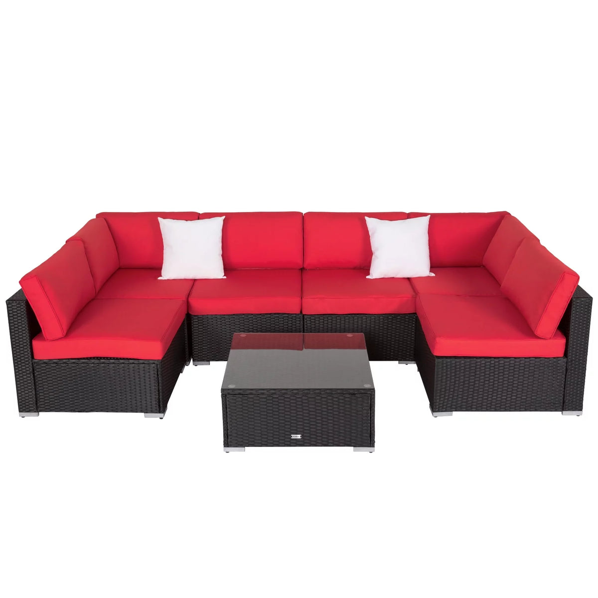 7 Pc Pe Rattan Wicker Sectional Sofa Set with Red Cushions U43296
