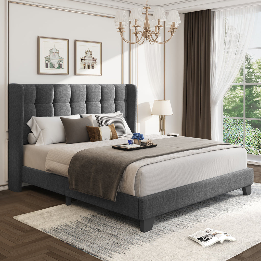 Grey Queen Size Platform Bed Frame with Tufted Headboard T596462