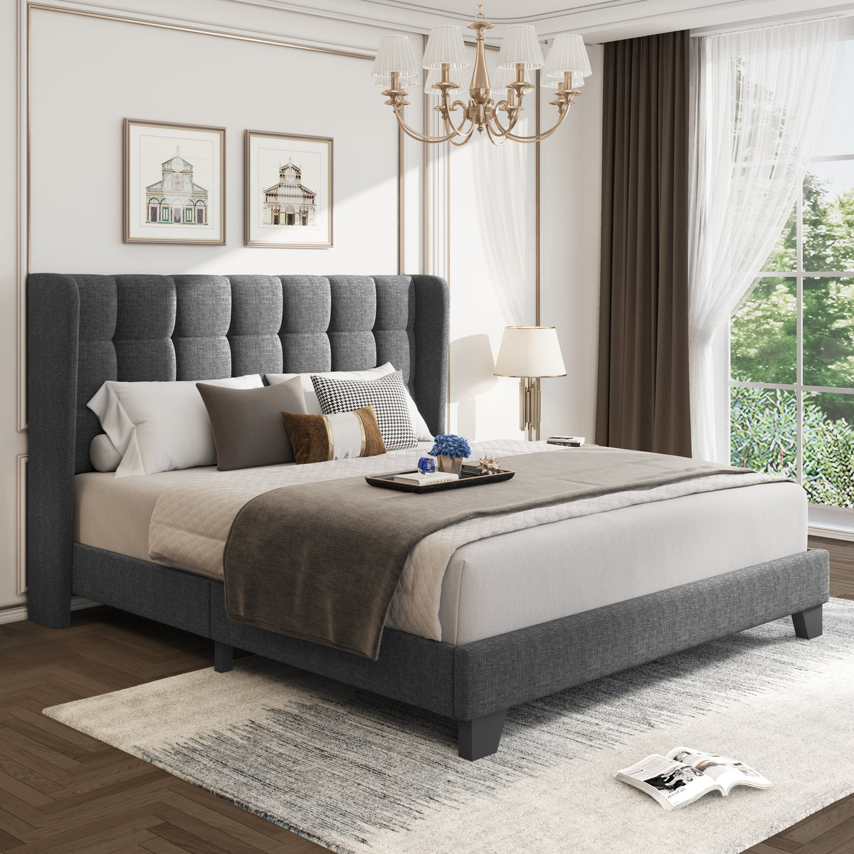 Grey Queen Size Platform Bed Frame with Tufted Headboard T596462