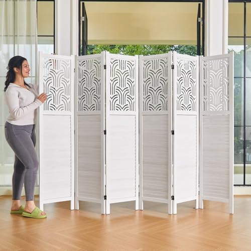 5.6 Ft Wood Carved Folding Room Divider 6 Panel Gray L5206