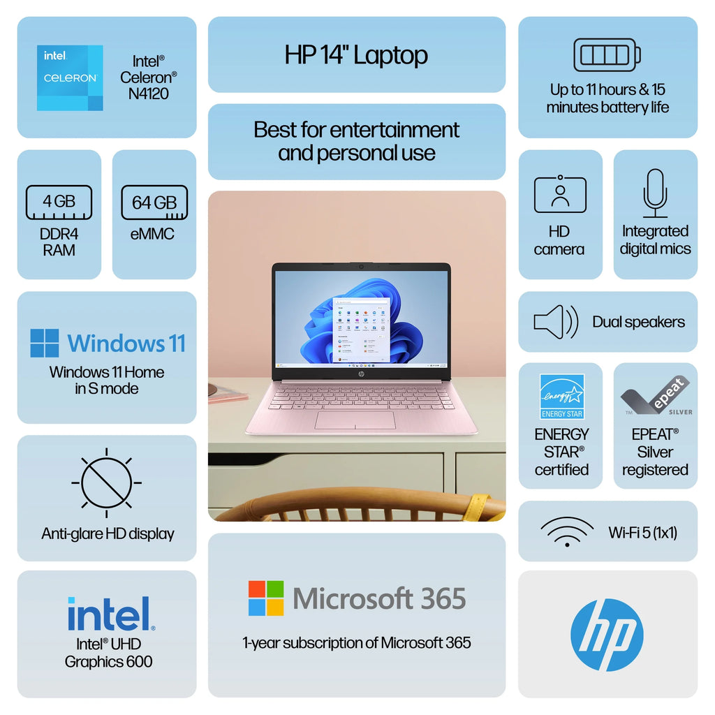 14 inch Laptop Intel Processor 4GB RAM 64GB eMMC Pink K983