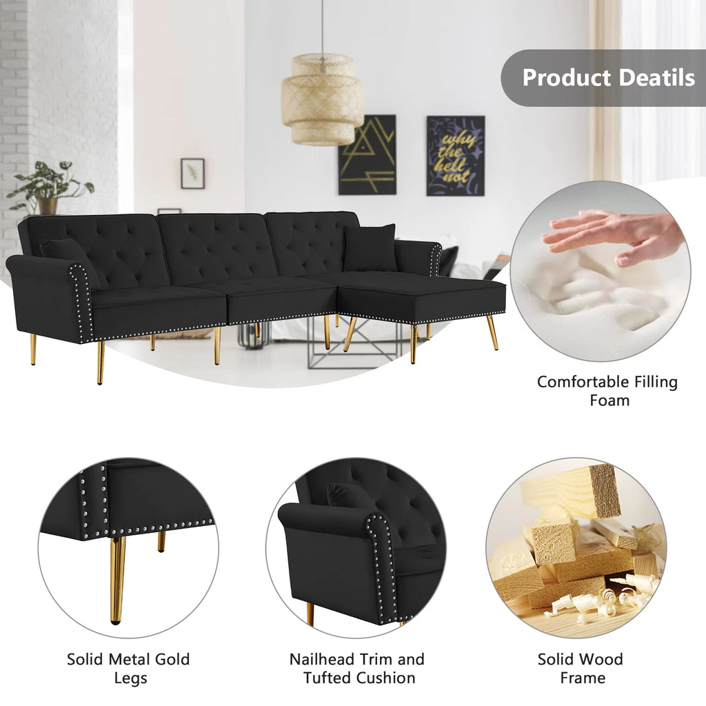 Velvet L Shaped Reversible Sectional Couch with Ottoman B375491