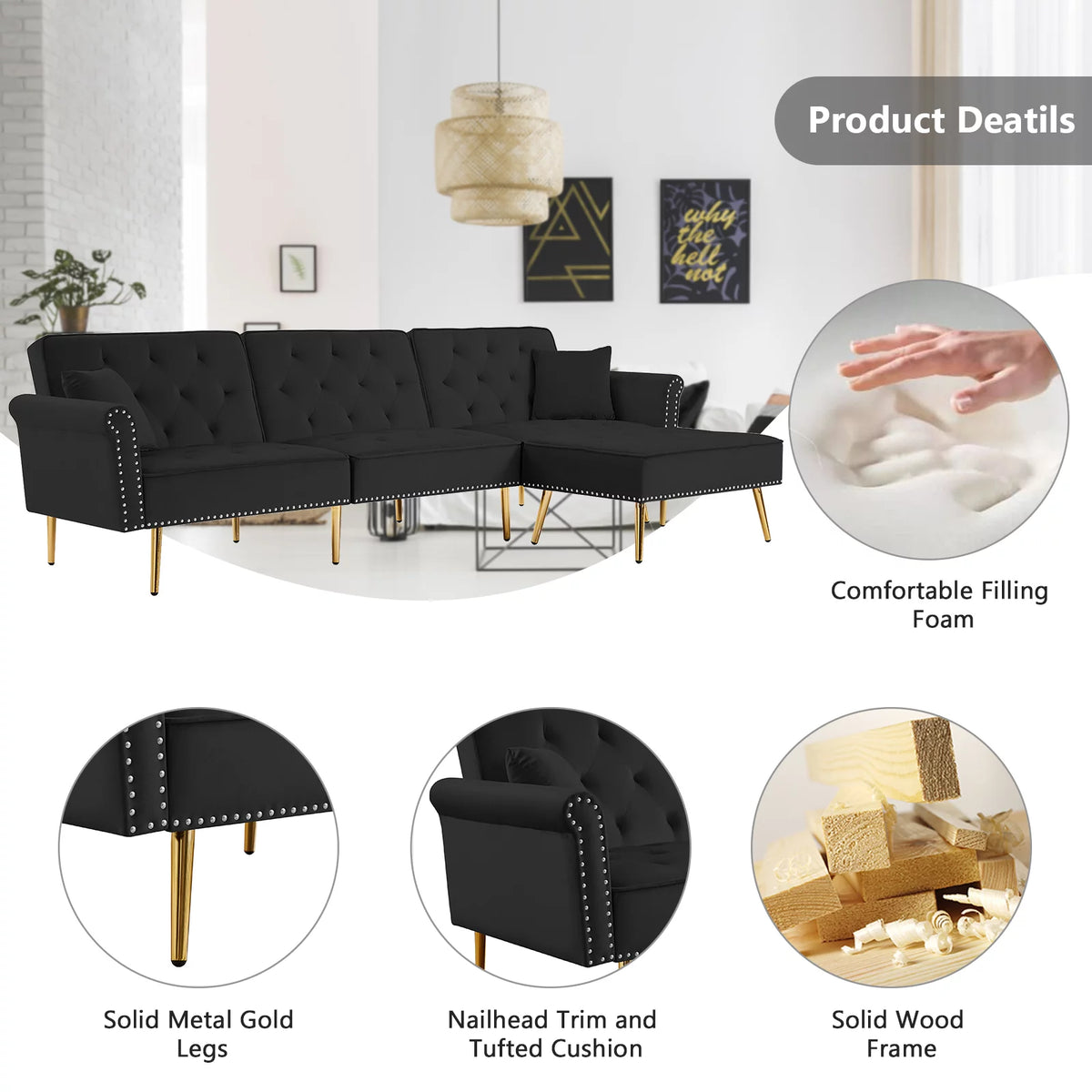 Velvet L Shaped Reversible Sectional Couch with Ottoman B375491