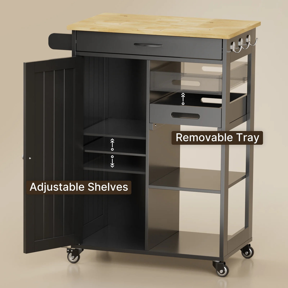 Black Kitchen Island Cart with Drawer and 3 Open Storage Shelves D727711