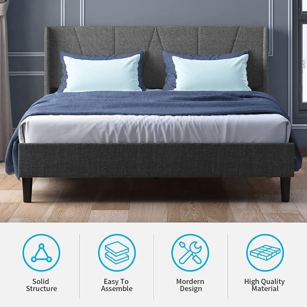 Full Upholstered Wingback Platform Bed Frame with Headboard Dark Grey C8920