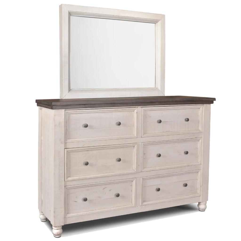 Distressed White Brown 6 Drawer Wood Dresser and Mirror Q5203
