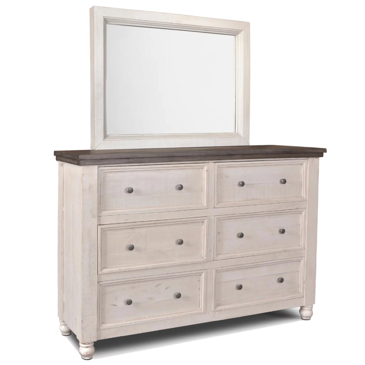Distressed White Brown 6 Drawer Wood Dresser and Mirror Q5203