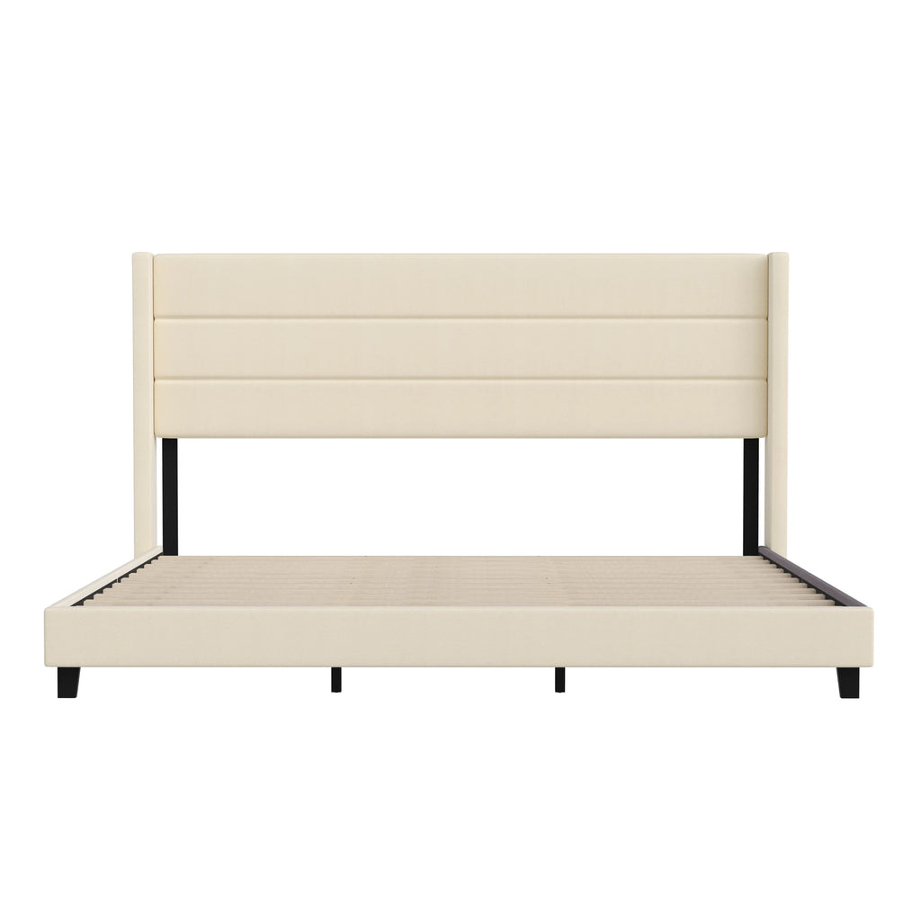 Beige Faux Linen King Upholstered Platform Bed with Wingback Headboard M6506