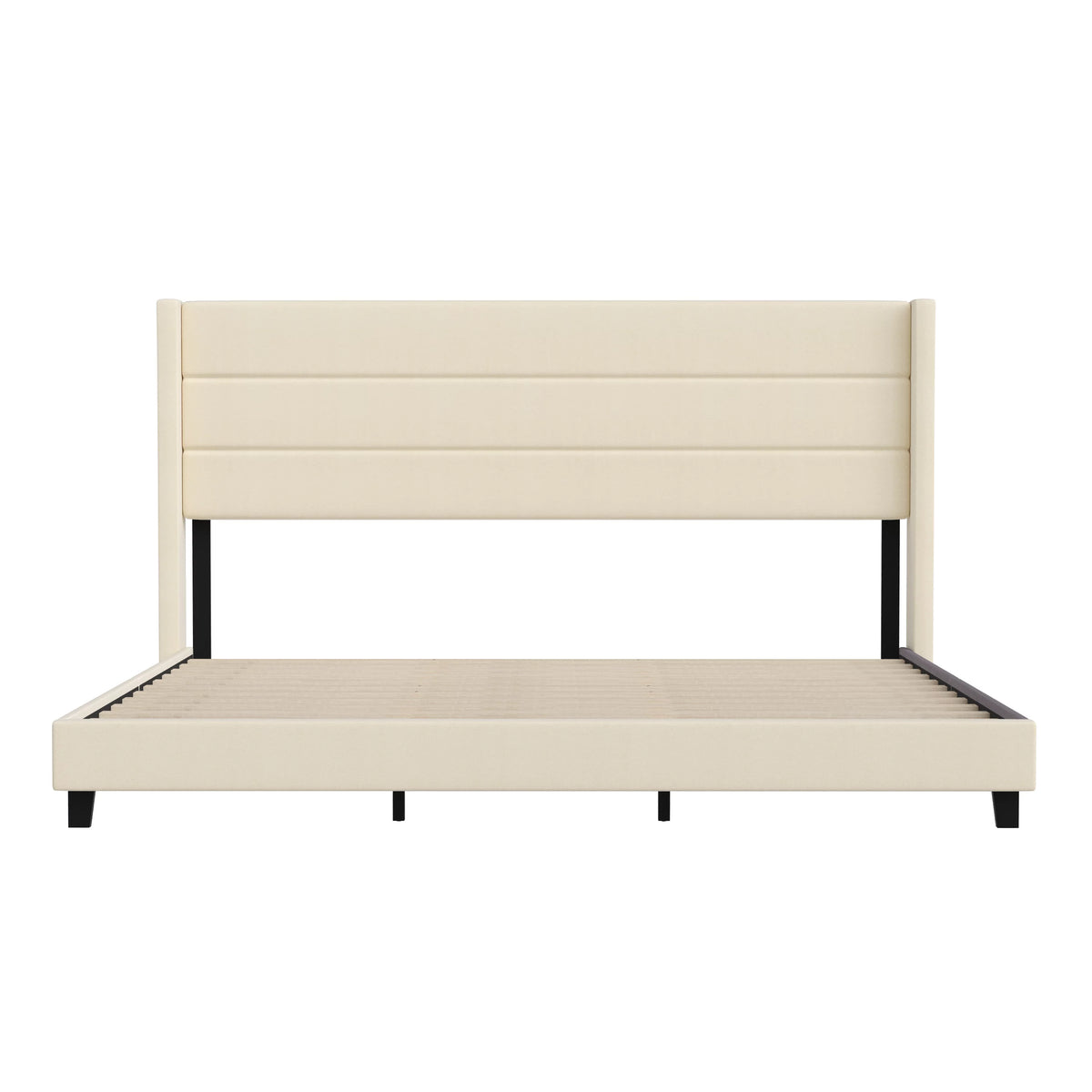 Beige Faux Linen King Upholstered Platform Bed with Wingback Headboard M6506