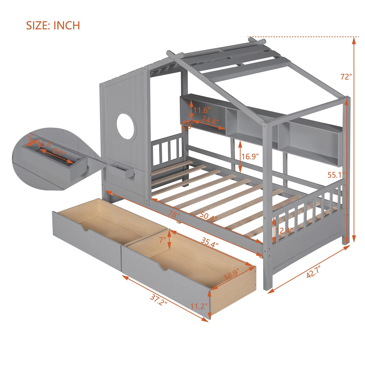 Gray Wood Twin Size Kids House Bed with 2 Drawers and Storage Shelves X96744