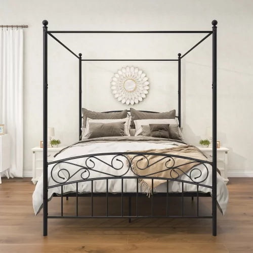Queen Size Canopy Bed Frame with Headboard & Footboard Black J36786