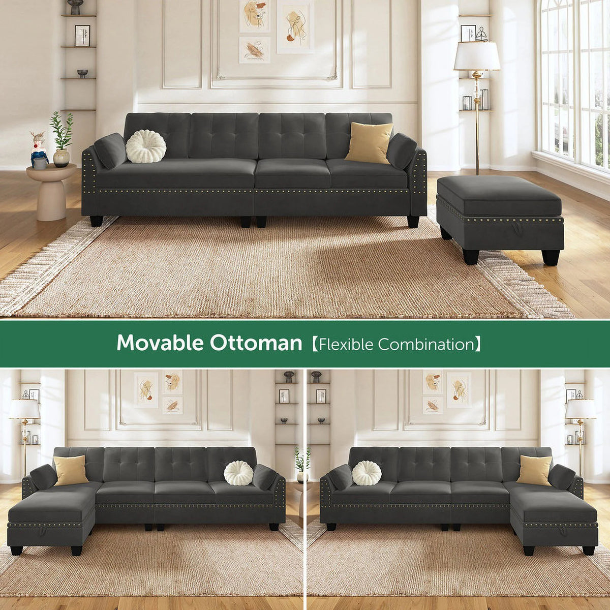 Black Velvet L Shaped Sectional Couch with Reversible Chaises and Storage Ottoman M5603