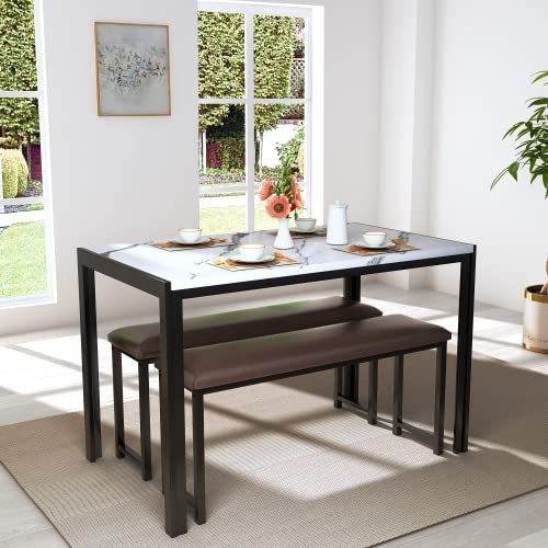 3 Pieces Faux Marble Top Table and 2 PU Leather Upholstered Benches W827