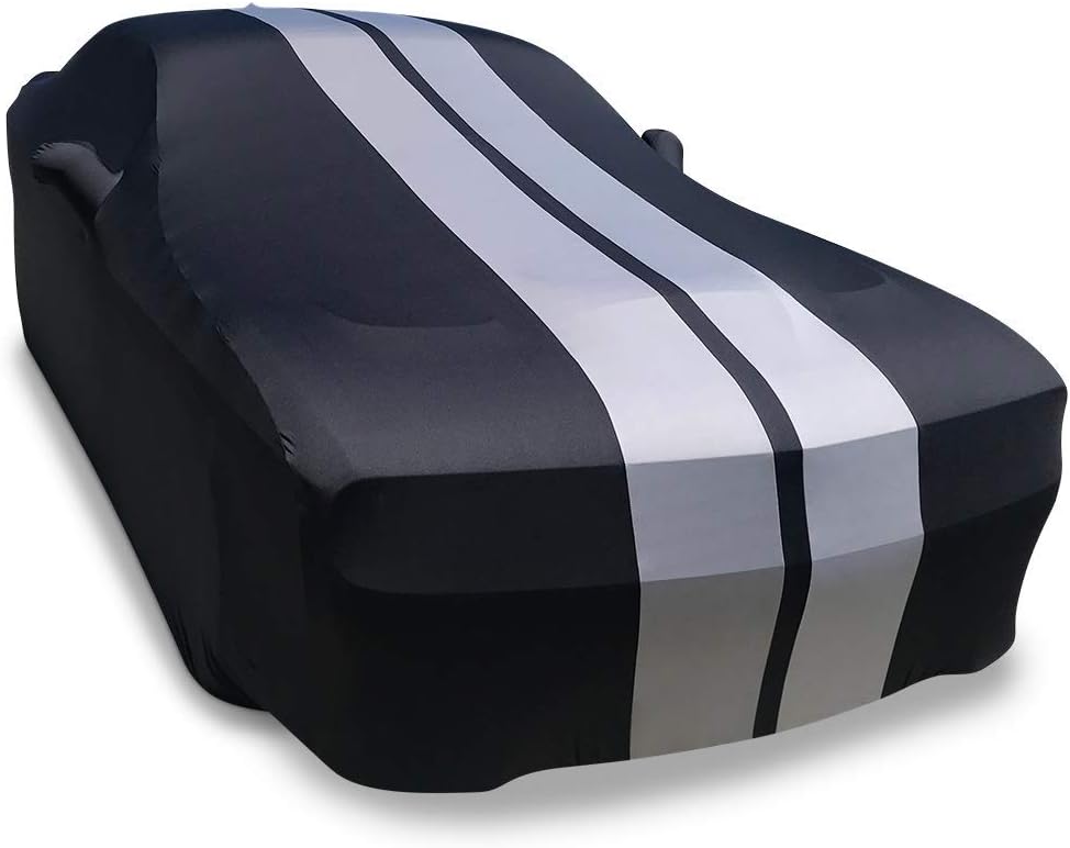 Indoor Stretch Satin Car Cover Black with Gray Stripes Z595