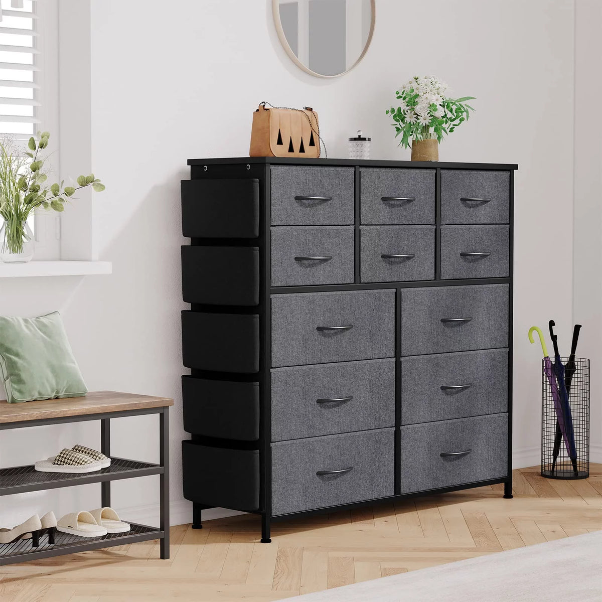 12 Drawer Fabric Dresser with Wood Tabletop B5452