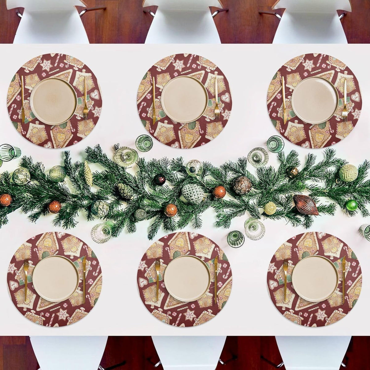 Christmas Gingerbread House Round Placemats Set of 6 Non-Slip PVC Washable Heat Resistant 15.4 Inch W645894