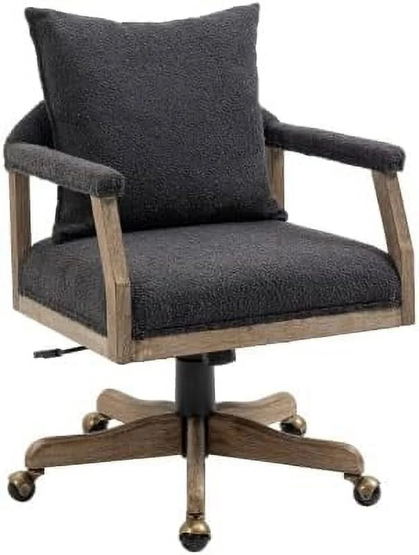 Black Boucle Desk Chair with Wheels and Wood Legs F6286