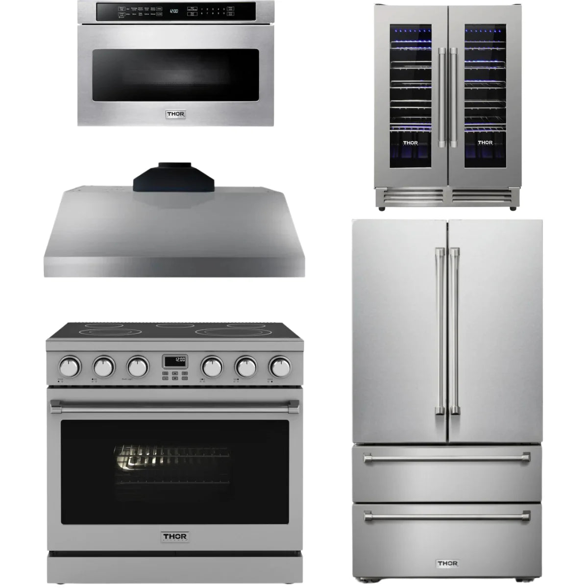 36 Electric Range, Range Hood, Refrigerator, Microwave and Wine Cooler F768