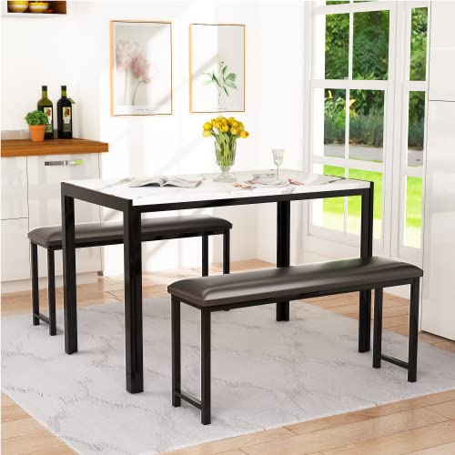 3 Pieces Faux Marble Top Table and 2 PU Leather Upholstered Benches W827