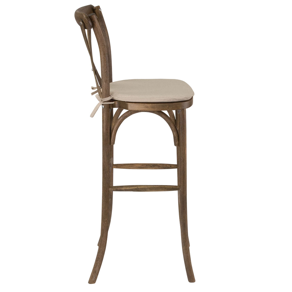 Dark Antique Wood Cross Back Barstool with Cushion W4685