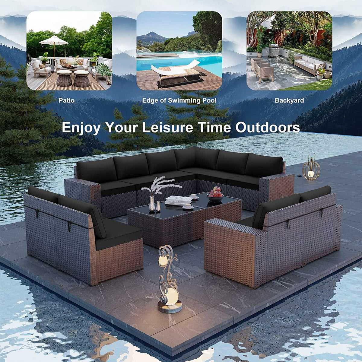 13 Pieces Outdoor Patio Rattan Wicker Furniture Set with Fire Pit Table V46887