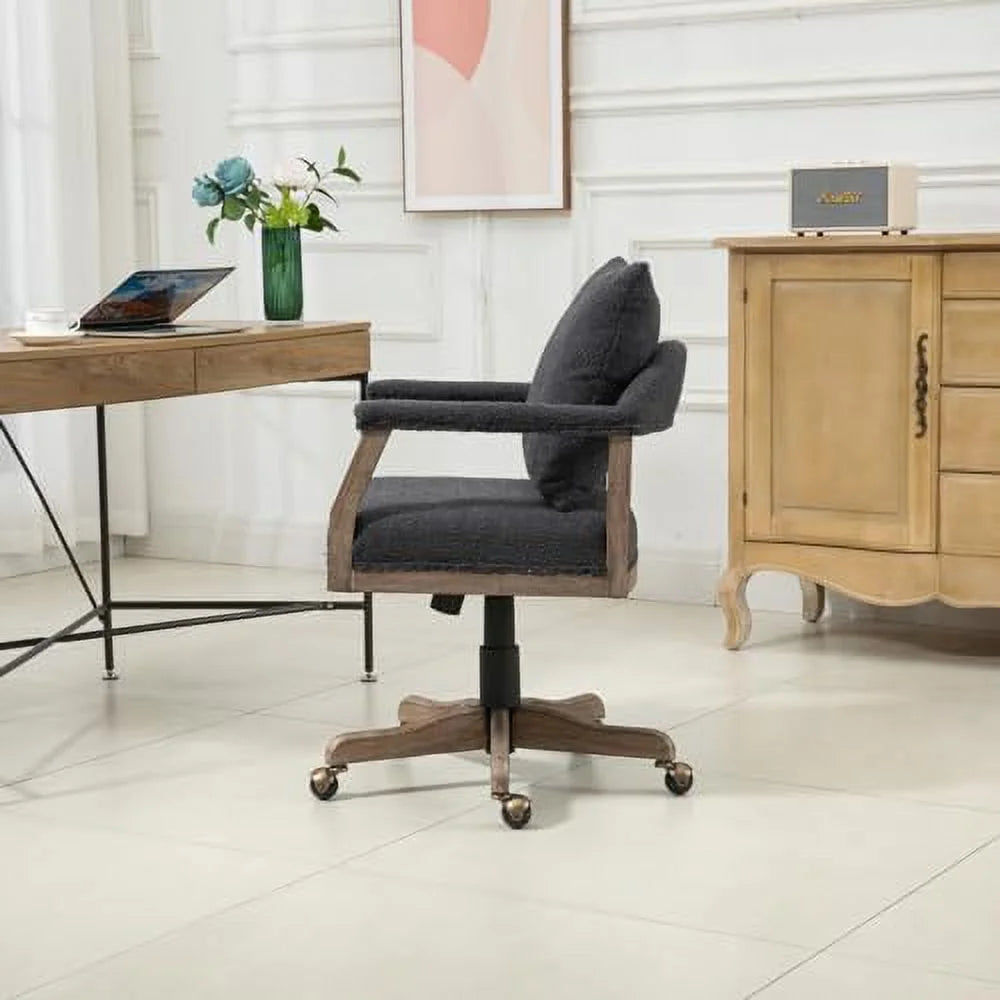 Black Boucle Desk Chair with Wheels and Wood Legs F6286