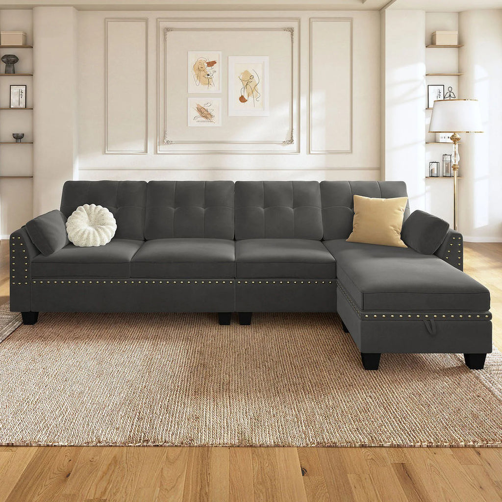 Black Velvet L Shaped Sectional Couch with Reversible Chaises and Storage Ottoman M5603