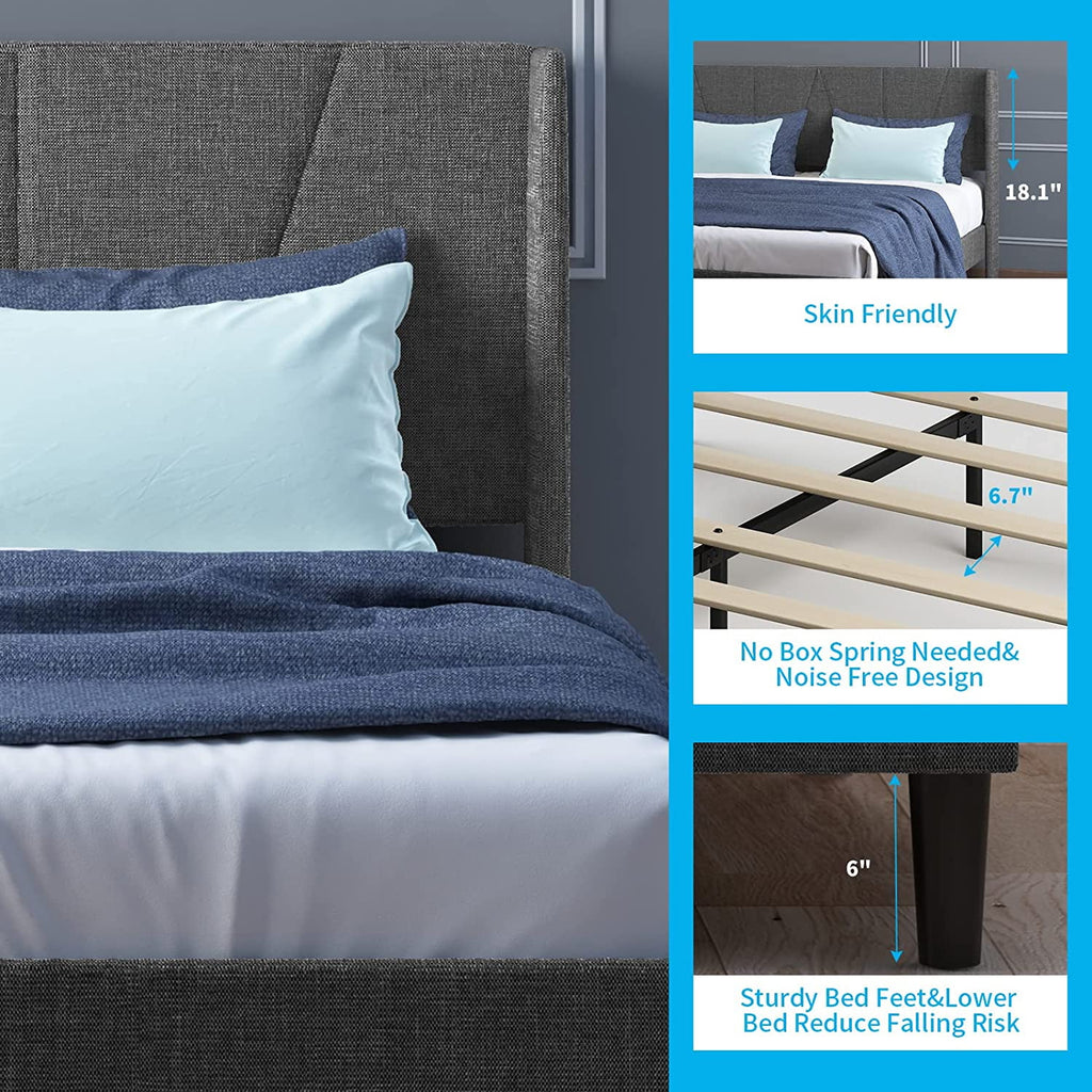 Full Upholstered Wingback Platform Bed Frame with Headboard Dark Grey C8920