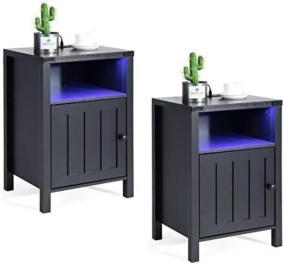 Nightstand with LED Lights and Charging Station Grey J583959