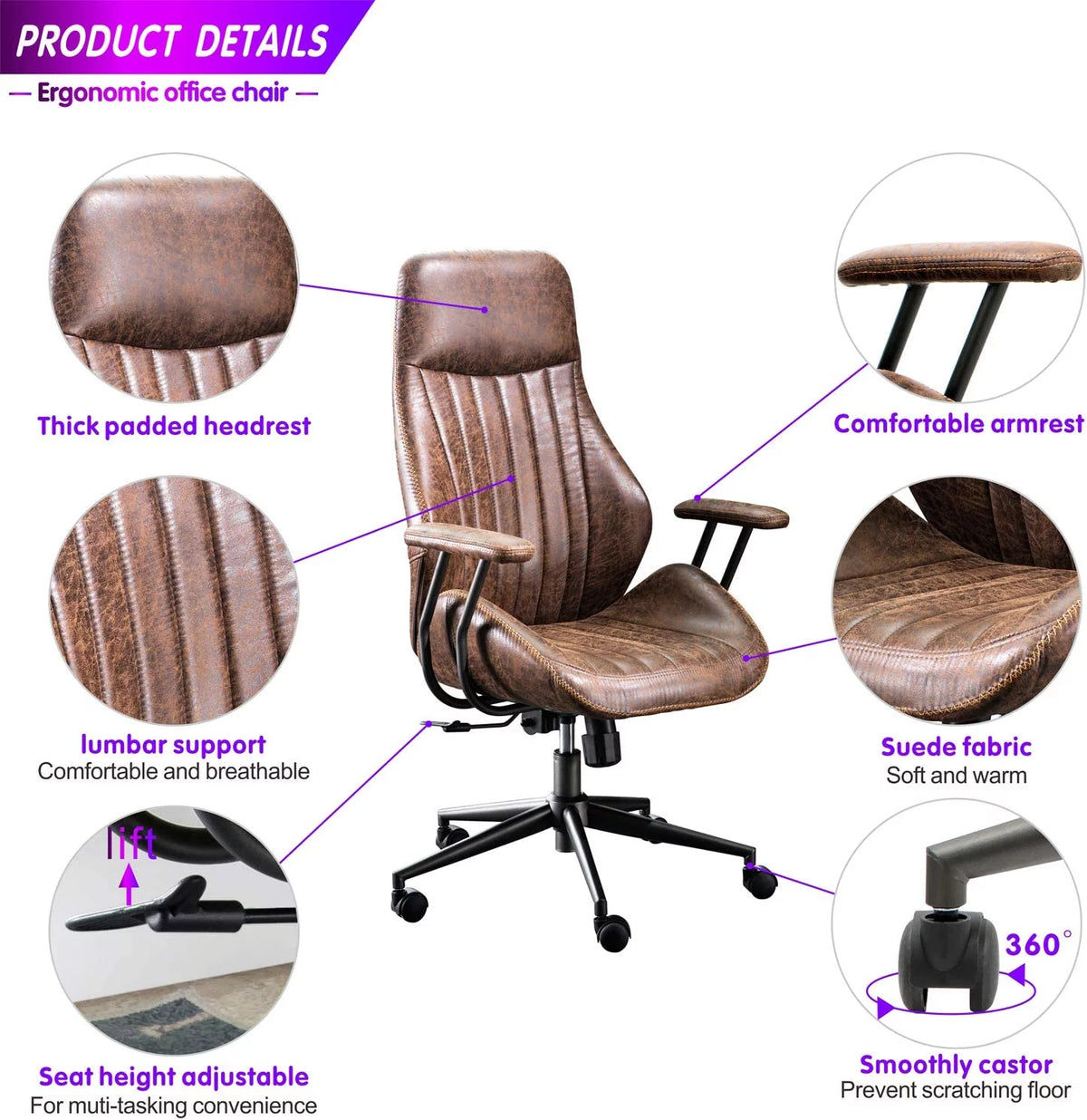 Brown Suede Fabric Ergonomic Office Chair with Lumbar Support V406992