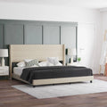Beige Faux Linen Upholstered King Platform Bed with Wingback Headboard S1079