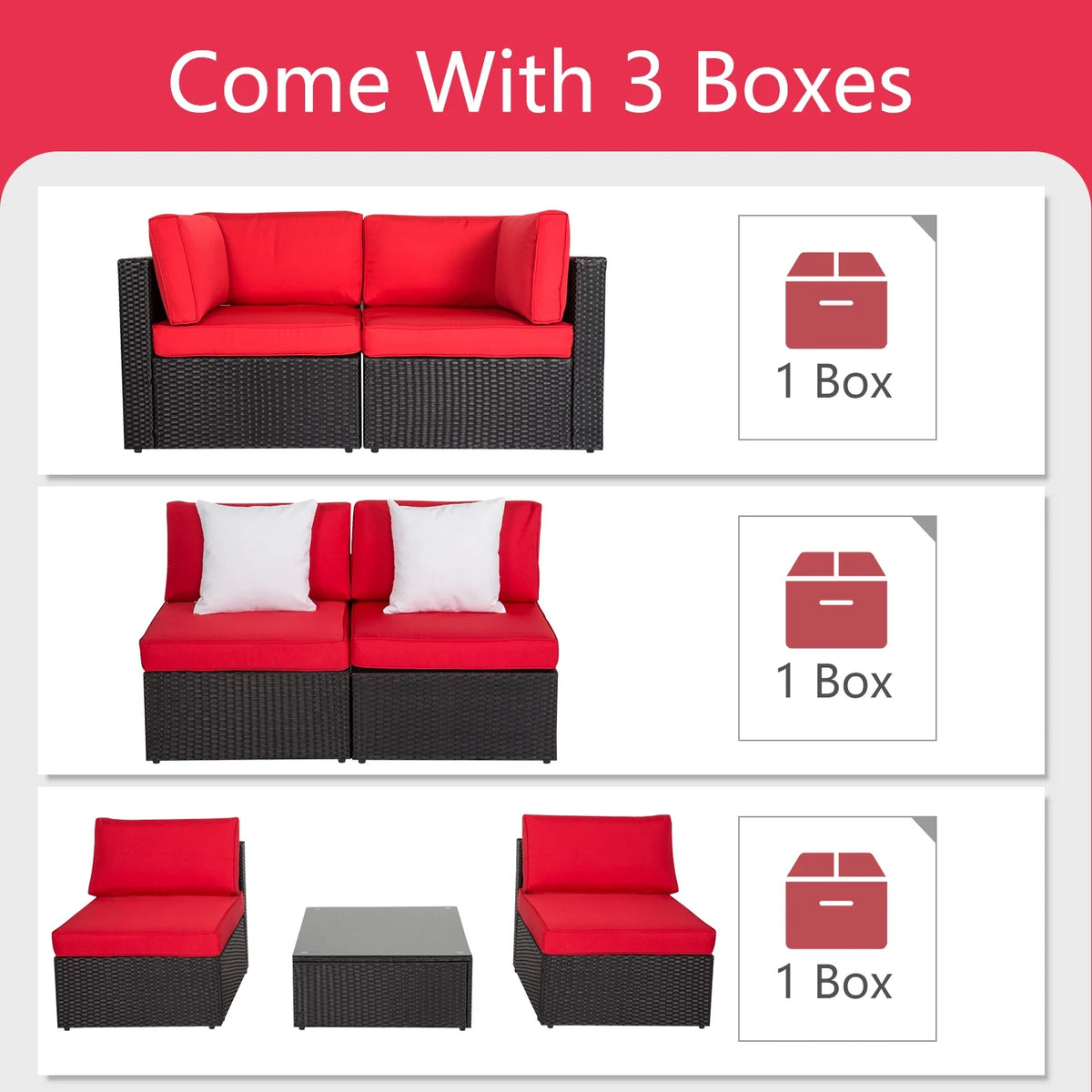 7 Pc Pe Rattan Wicker Sectional Sofa Set with Red Cushions U43296