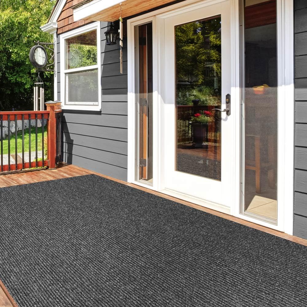 Charcoal Black Ribbed Indoor Outdoor Carpet 6 Feet X 10 Feet Q756