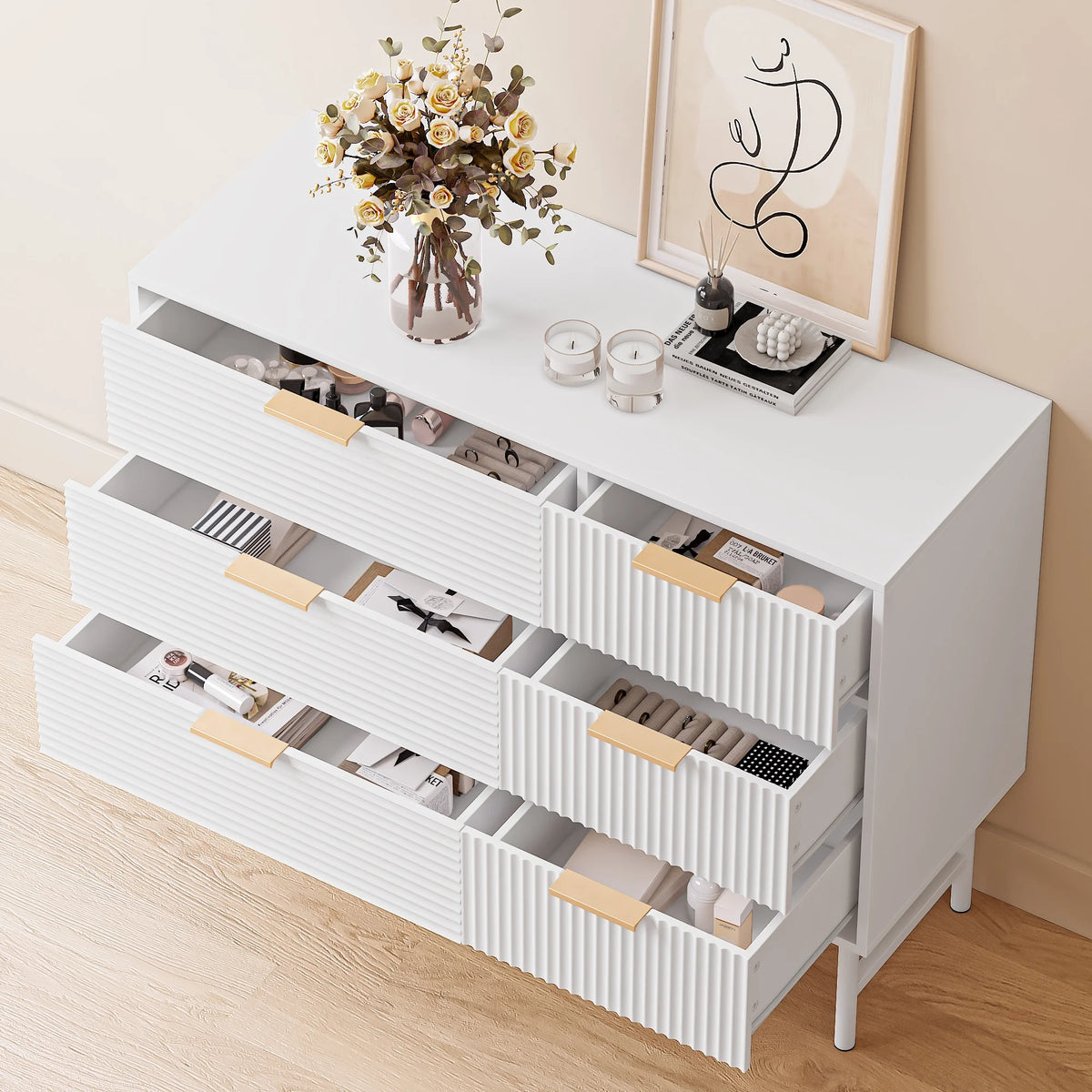 6 Drawer Creamy Wood Dresser with Metal Base F363268