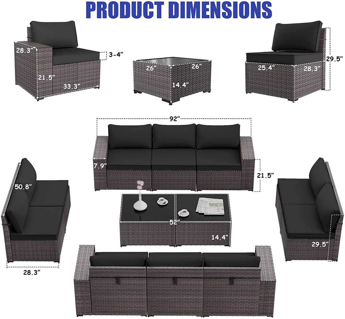 13 Pieces Outdoor Patio Rattan Wicker Furniture Set with Fire Pit Table V46887