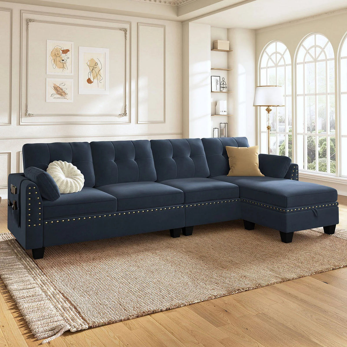 Black Velvet L Shaped Sectional Couch with Reversible Chaises and Storage Ottoman M5603
