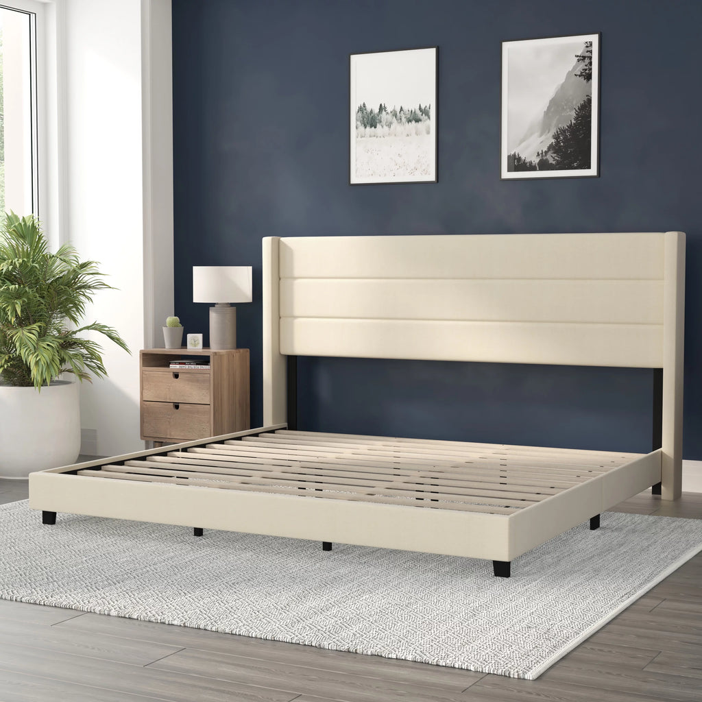 Beige Faux Linen King Upholstered Platform Bed with Wingback Headboard M6506