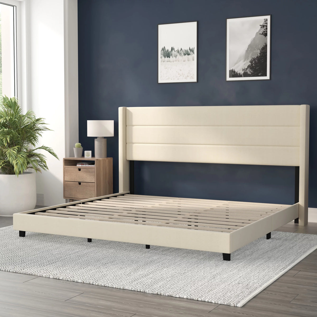 Beige Faux Linen King Upholstered Platform Bed with Wingback Headboard M6506