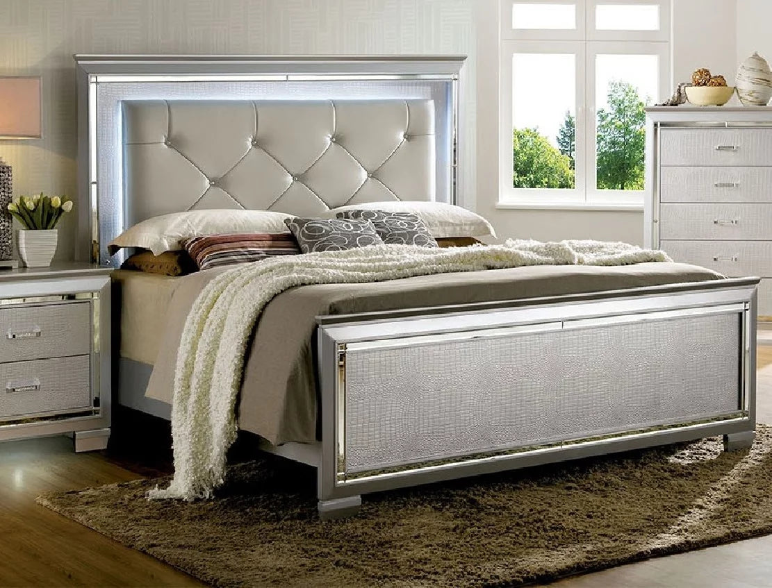 Silver 4pc Eastern King Size Bed Dresser Mirror Nightstand Set T530
