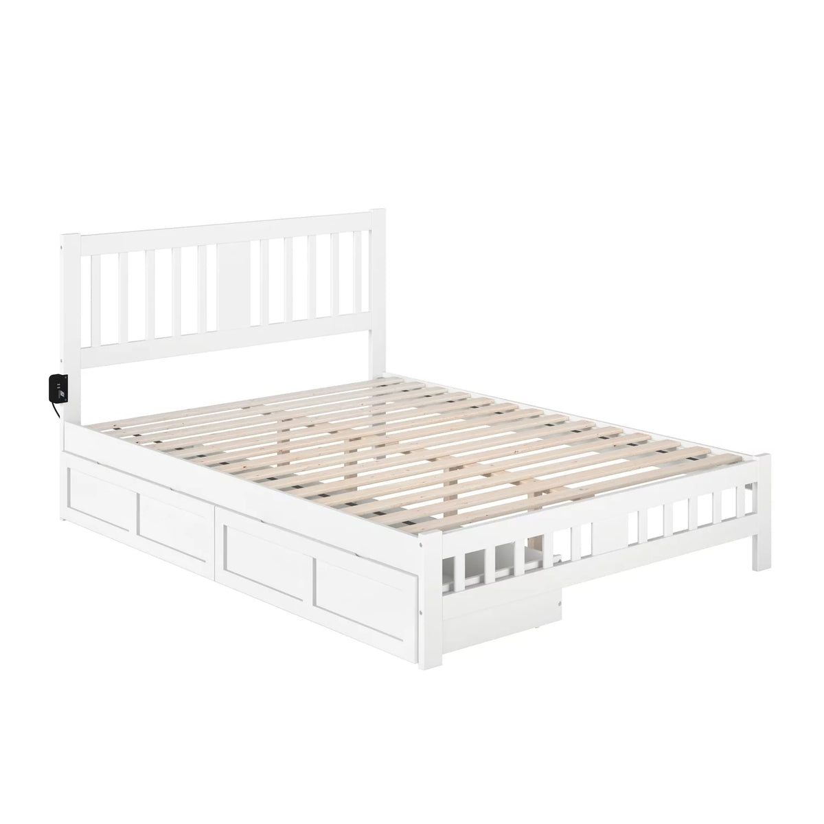 White Wood Queen Bed with Footboard and 2 Drawers I33621