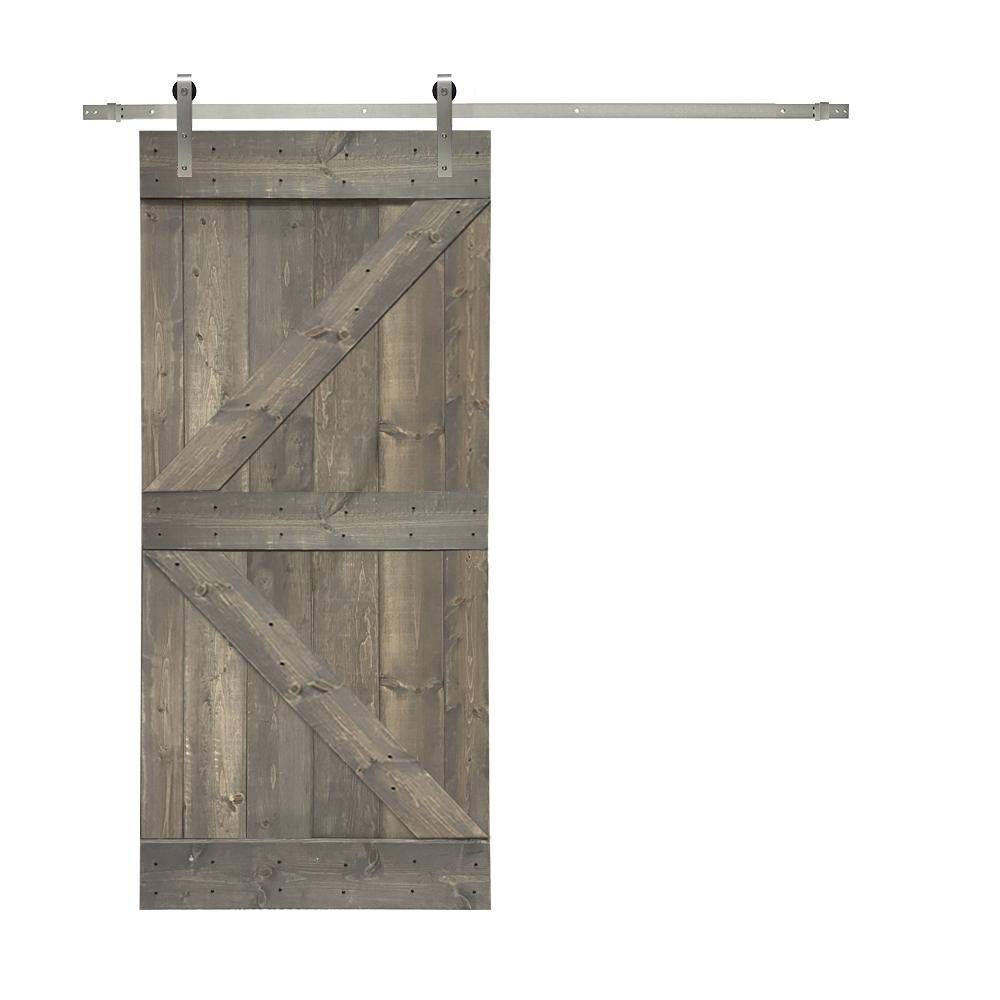 36 in. x 84 in. Gray Stained Knotty Pine Wood Interior Sliding Barn Door with Hardware Kit T220955