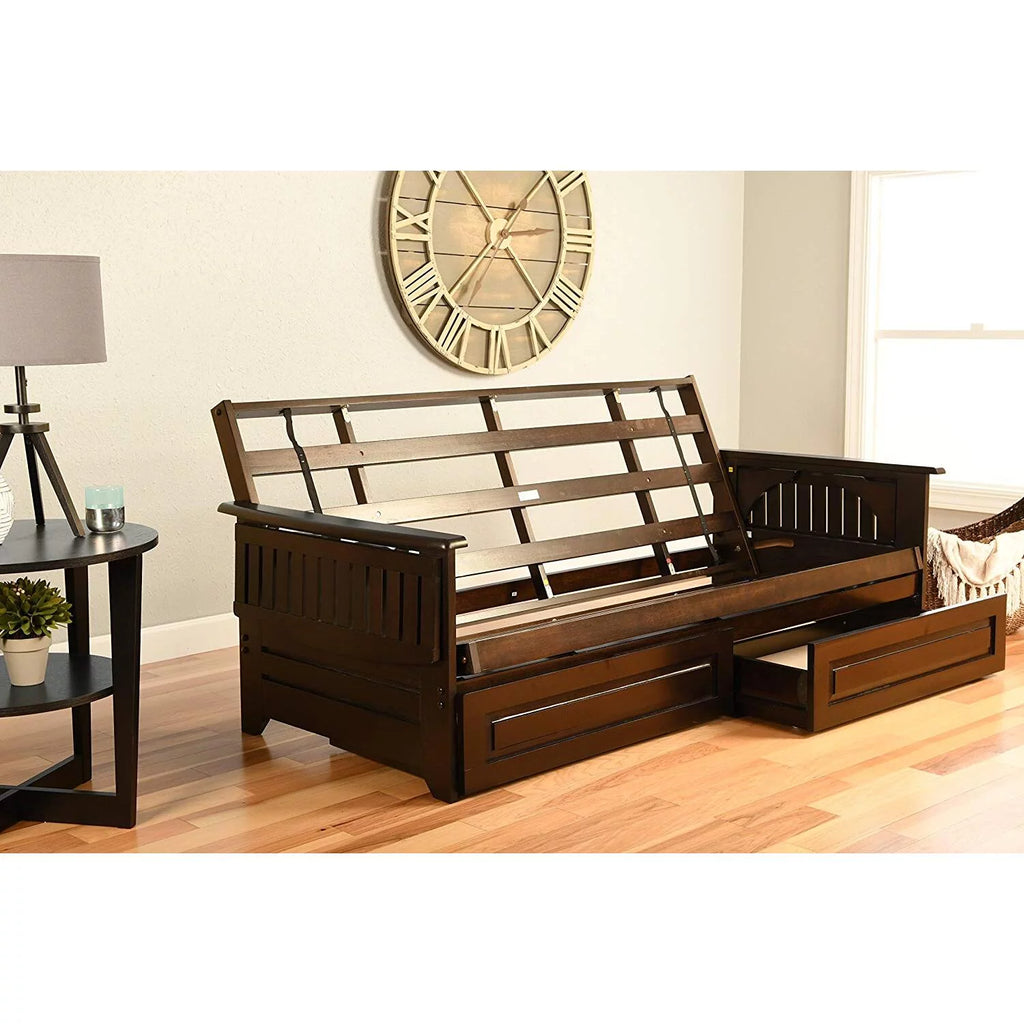 Espresso Storage Futon and Brown Faux Leather Mattress Q568